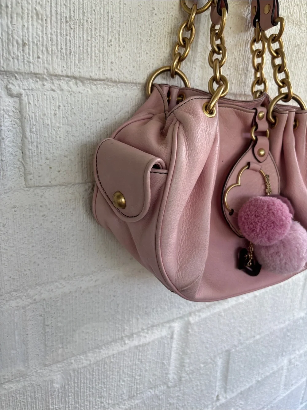 Juicy Couture Leather Vintage Soft Pink Shoulder Handbag with Gold Chain Details
